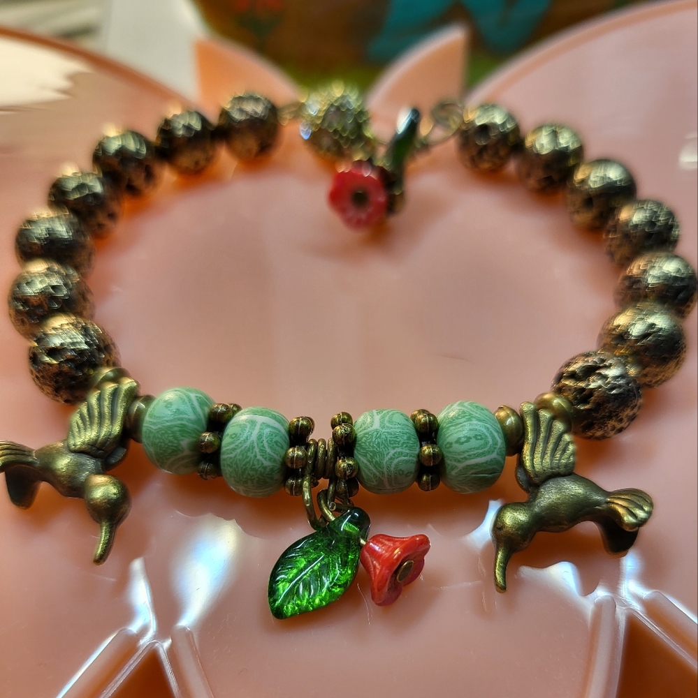 CUFF BRACELET W/ clasp beautiful bronze lava, clay and czech glass bead bracelet